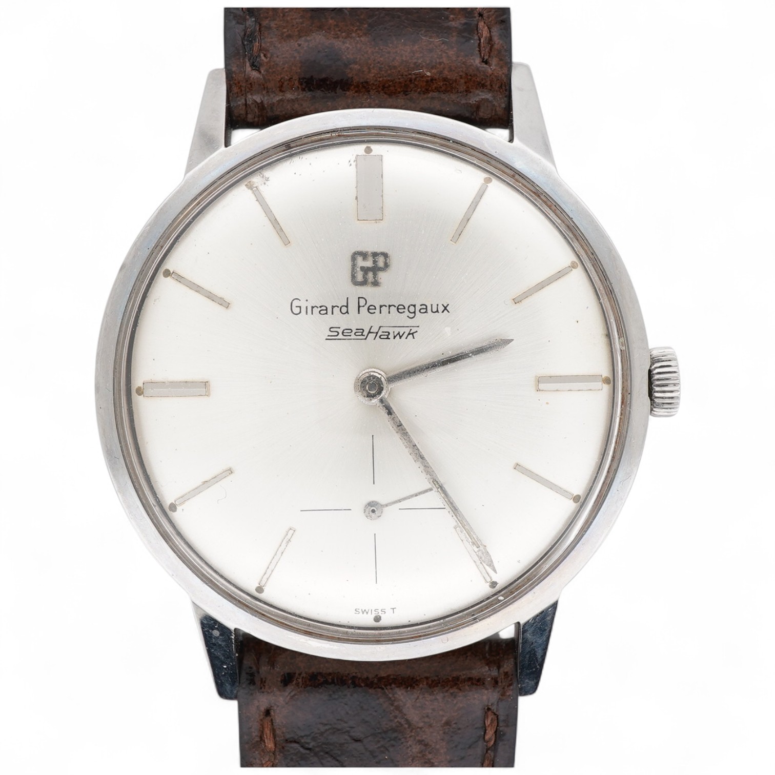 A gentleman's stainless steel Girard-Perregaux Seahawk manual wind wrist watch, with baton numerals and subsidiary seconds, case diameter 35mm, on an associated leather strap.